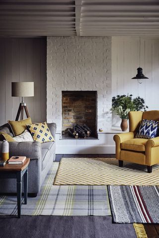 Yellow, white and grey living room by Very