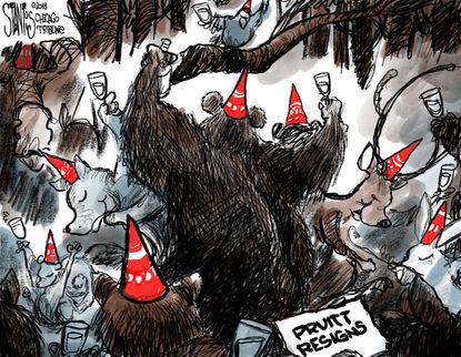 Political cartoon U.S. Scott Pruitt EPA resignation bears animals celebration