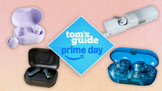 a composite image on a peach background with the bose quietcomfort, earfun air pro 4, skullcandy x bose method 360 anc, and sony wf-c710n earbuds