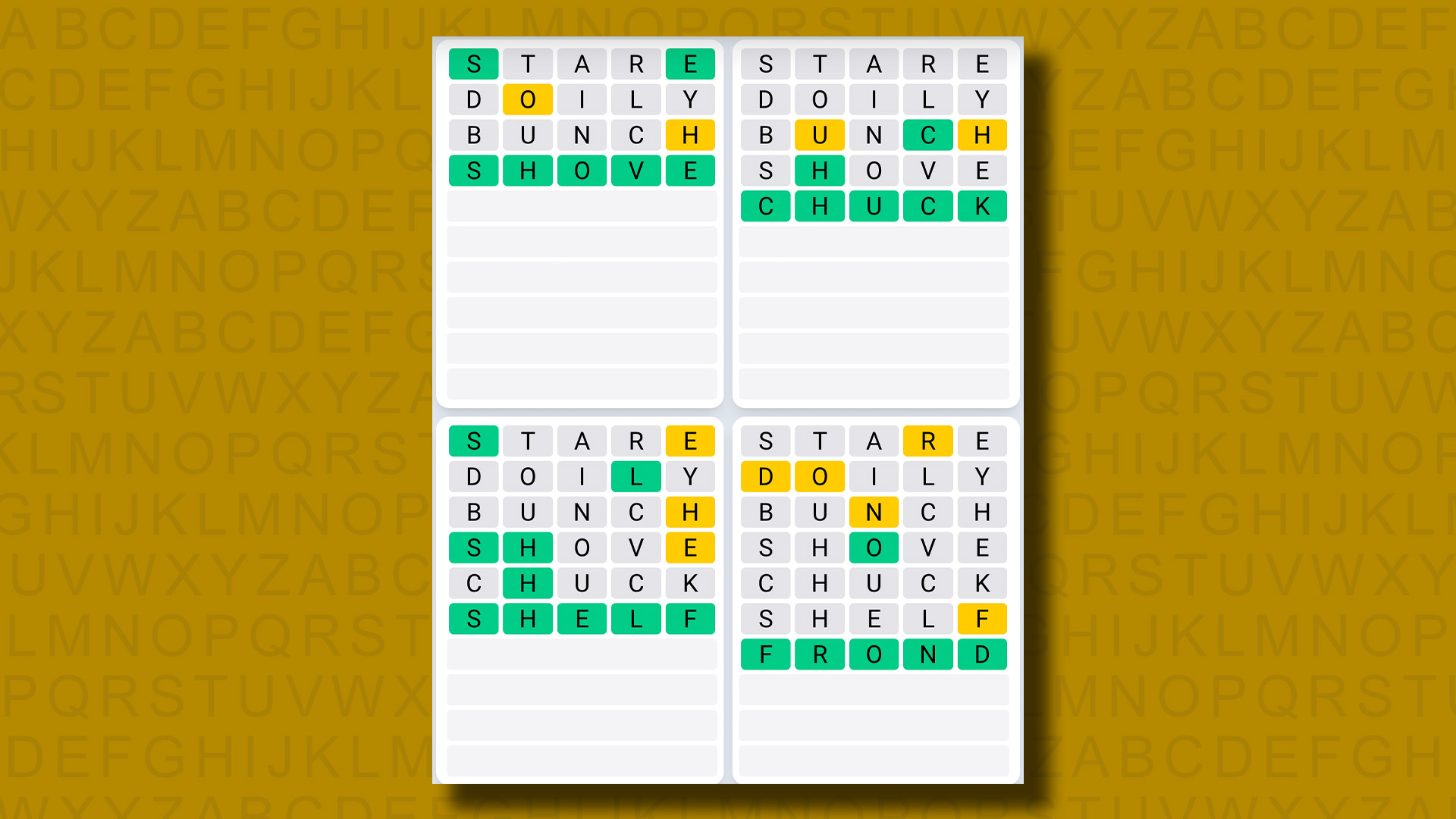Respuestas de la secuencia diaria de Quordle para el juego 849 sobre un fondo amarillo