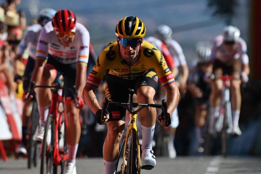 Slovenian Primoz Roglic of JumboVisma celebrates as he crosses the finish line to win the fourth stage of the 2022 edition of the Vuelta a Espana Tour of Spain cycling race 1525 km from VitoriaGasteiz to Laguardia Spain Tuesday 23 August 2022 BELGA PHOTO DAVID STOCKMAN Photo by DAVID STOCKMAN BELGA MAG Belga via AFP Photo by DAVID STOCKMANBELGA MAGAFP via Getty Images