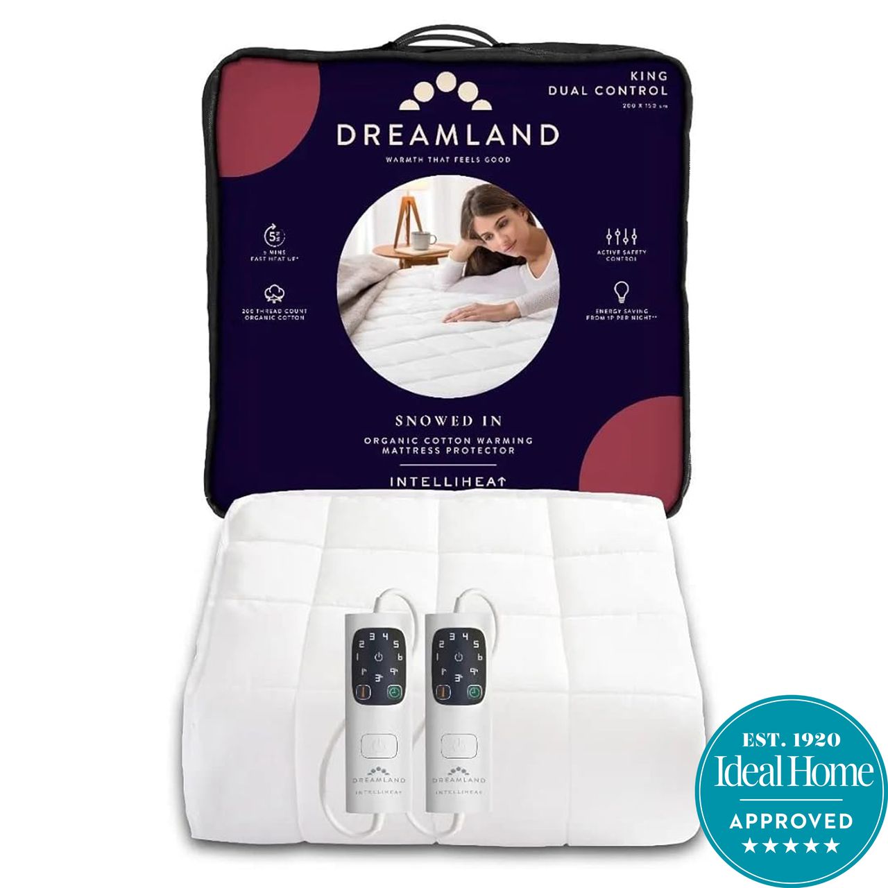 The Dreamland Snowed In Dual Control Heated Mattress Protector with a blue badge showing a 5-star Ideal Home rating