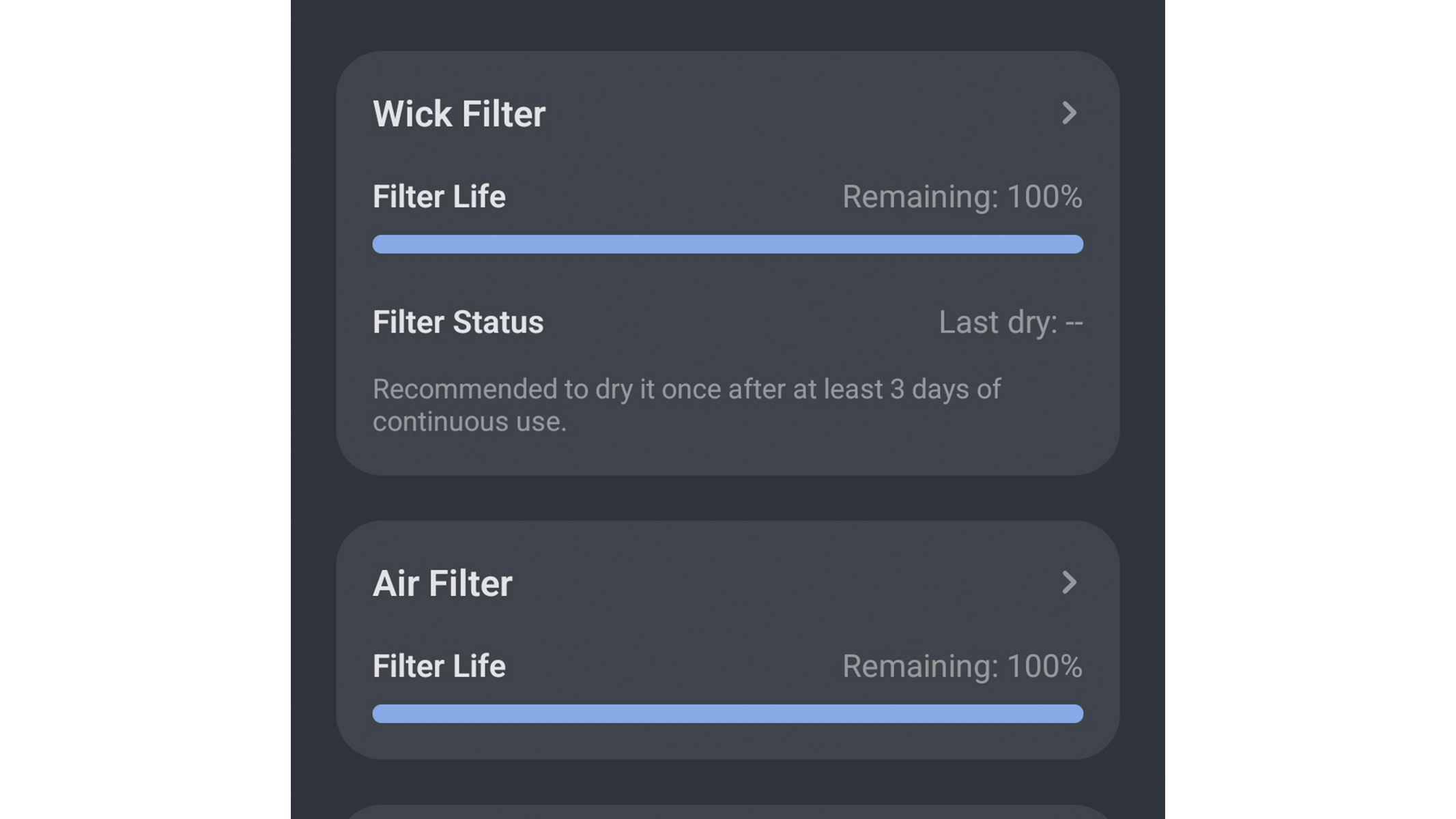 a screenshot of the Wick filter life feature from the VeSync app