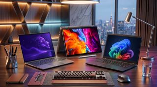 A Dell, HP, and Lenovo ThinkPad laptops on a desk in a modern office