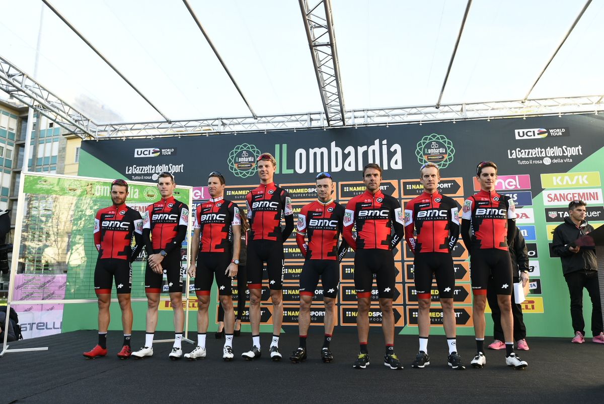 The BMC Racing team is presented to the crowd
