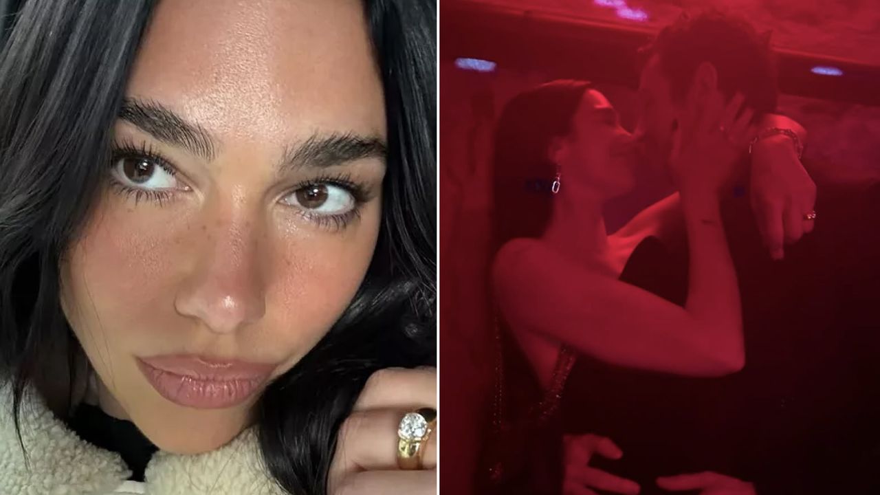 Dua Lipa wears a cream sweater and poses with her huge diamond engagement ring and Dua Lipa hugs rumored fiance Callum Turner