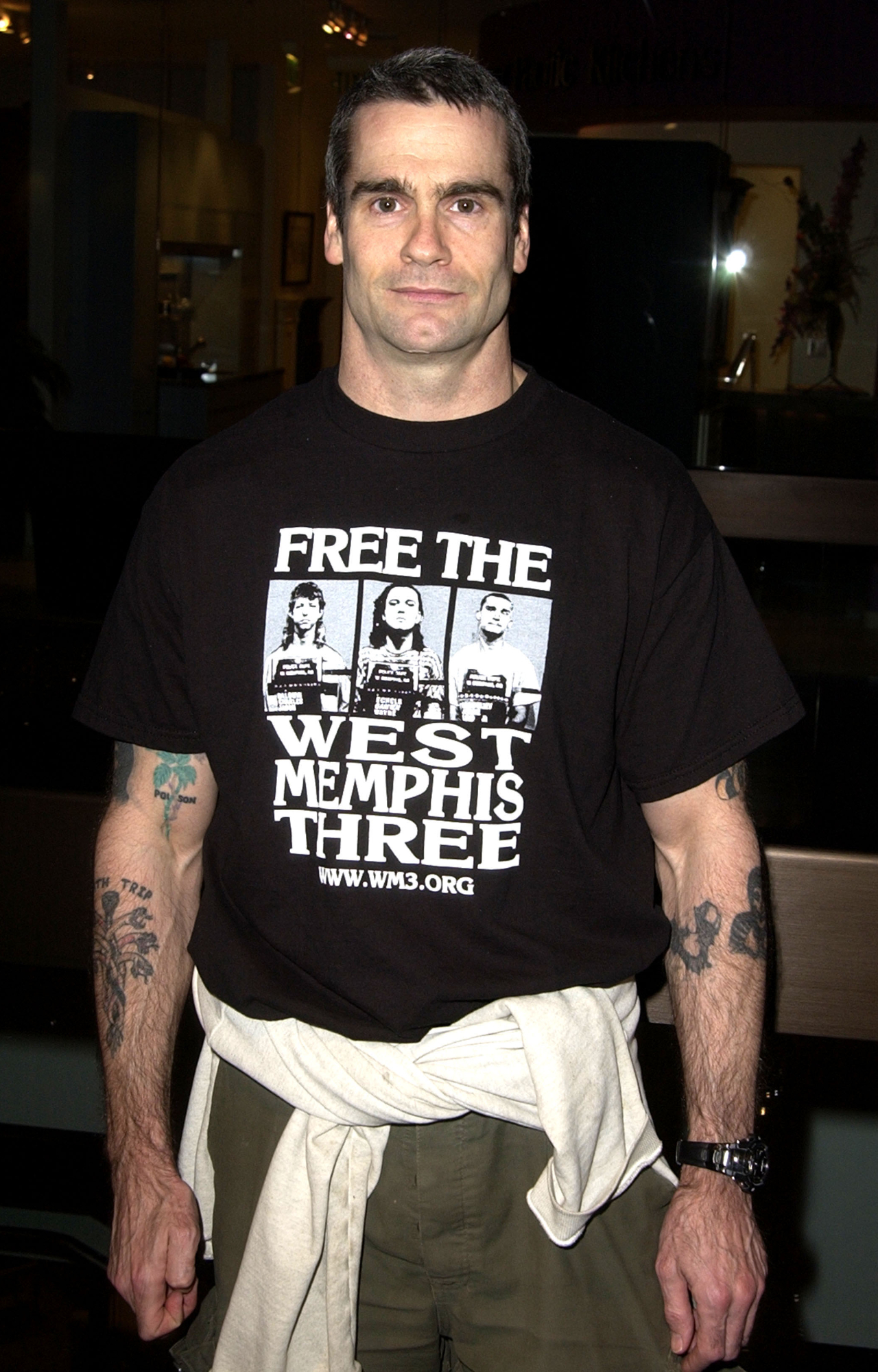 Henry Rolins in a Free The West Memphis Three shirt