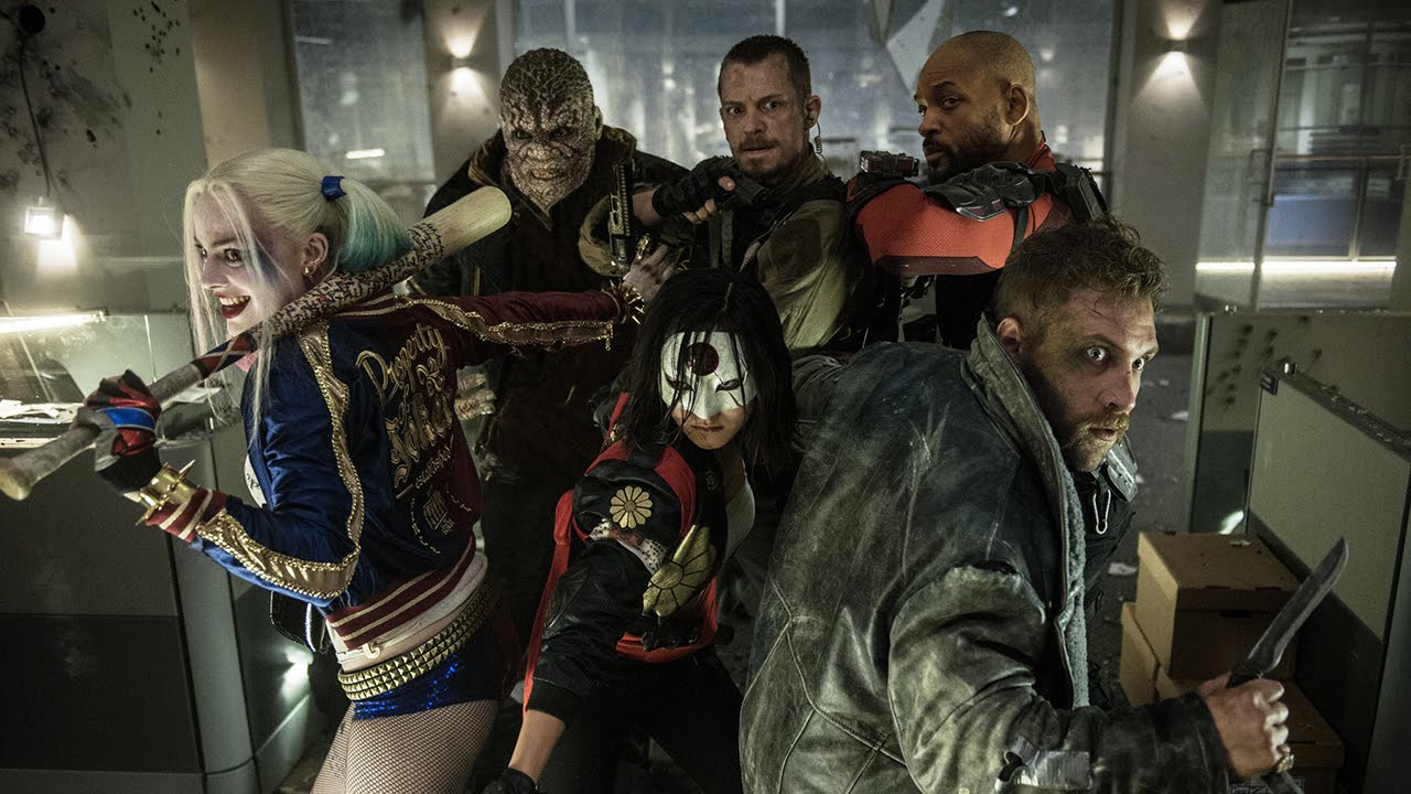 Harley Quinn, Deadshot, Captain Boomerang, Rick Flag, Katana und Killer Croc in Suicide Squad