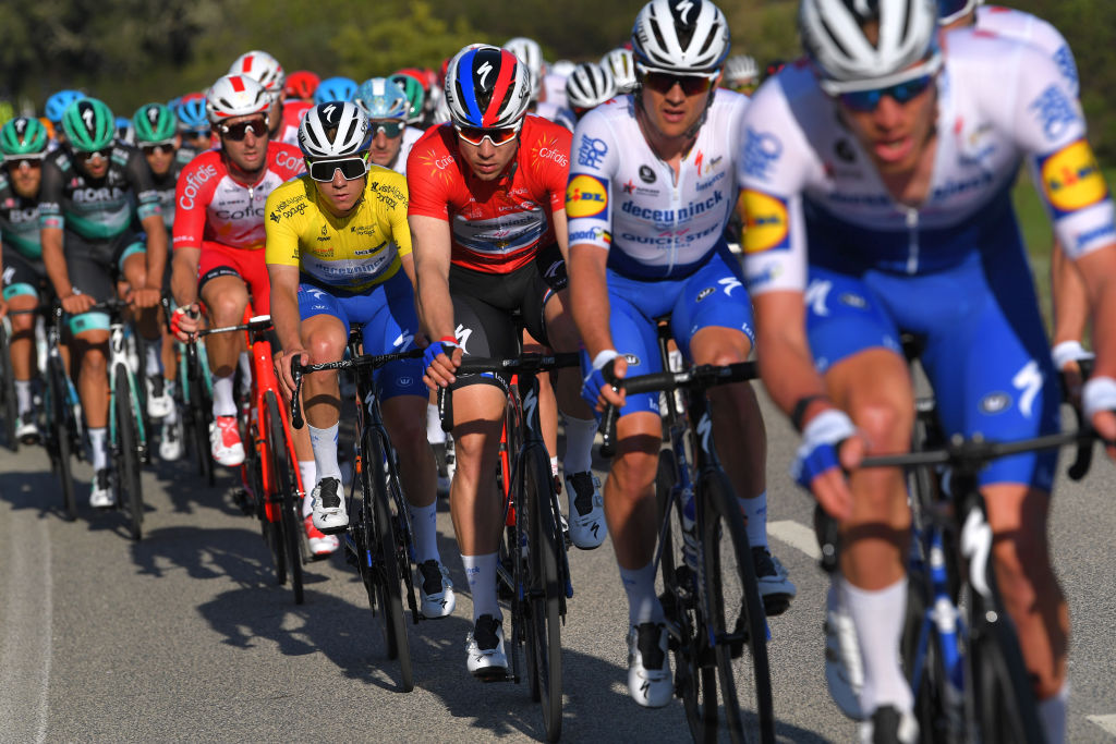 TAVIRA PORTUGAL FEBRUARY 21 Remco Evenepoel of Belgium and Team Deceuninck Quick Step Yellow Leader Jersey Fabio Jakobsen of The Netherlands and Team Deceuninck Quick Step Red Points Jersey during the 46th Volta ao Algarve 2020 Stage 3 a 2019Km stage from Faro to Tavira VAlgarve2020 on February 21 2020 in Tavira Portugal Photo by Tim de WaeleGetty Images