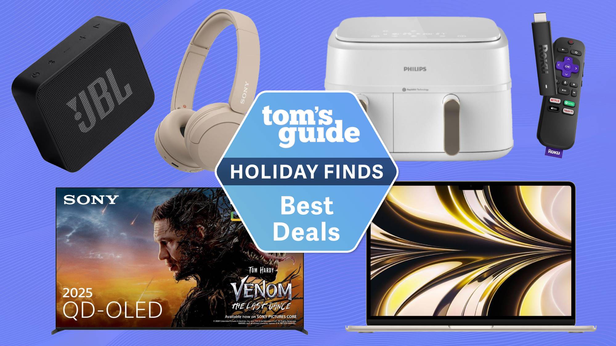 Compilation showing JBL speaker, Sony TV and headphones, Apple MacBook, Philips air fryer, Roku streaming stick