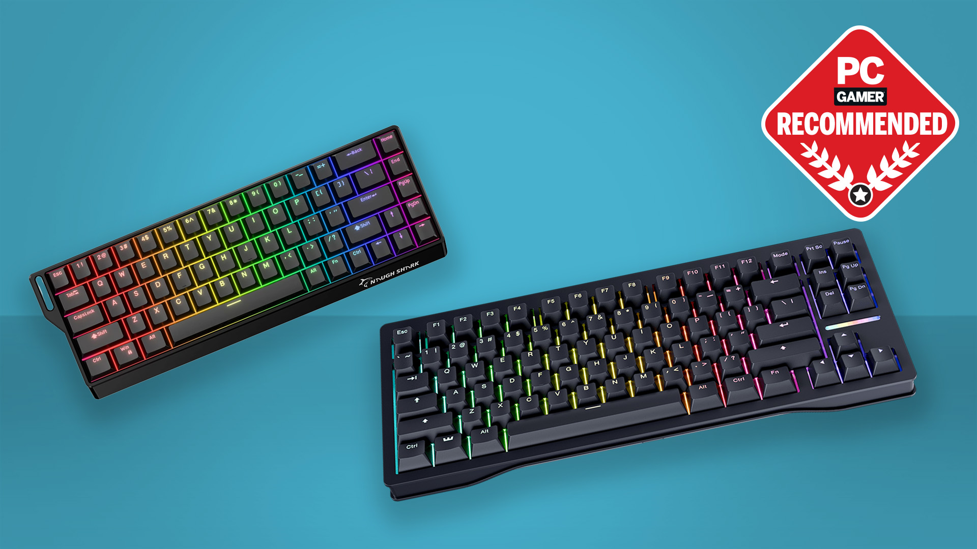 Two of the best Hall effect keyboards on a blue background with the PC Gamer recommends logo in the top right.