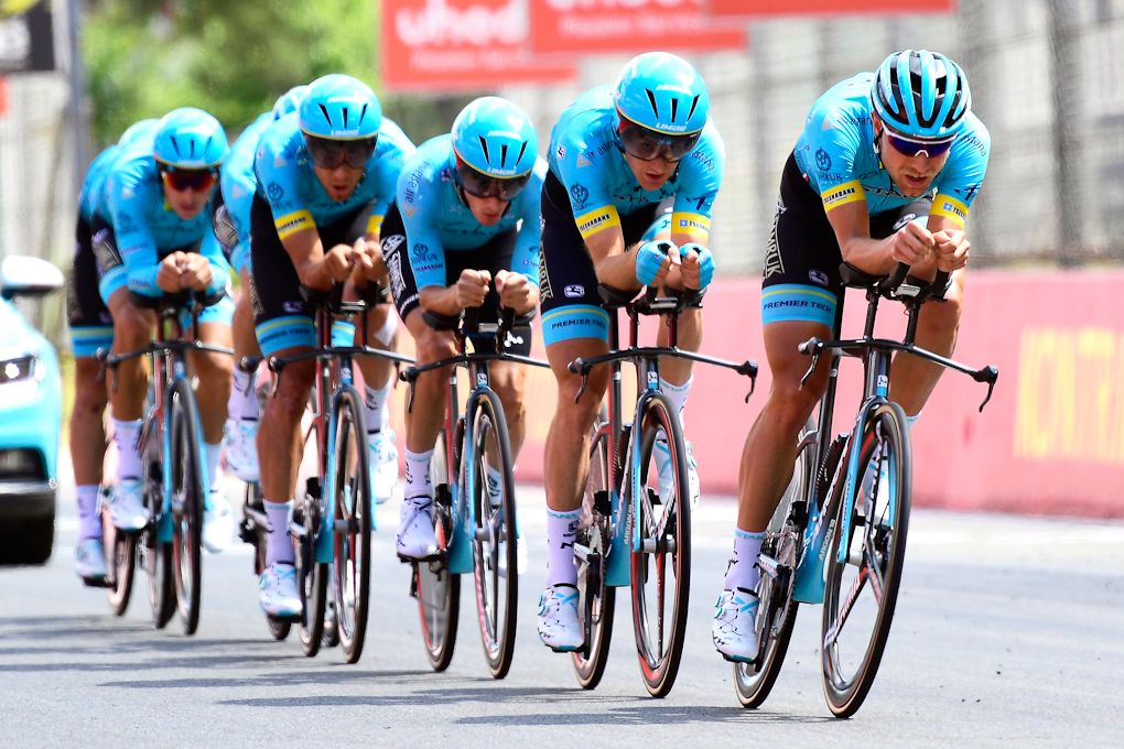 Astana riders in formation during team time trial practice in Zolder