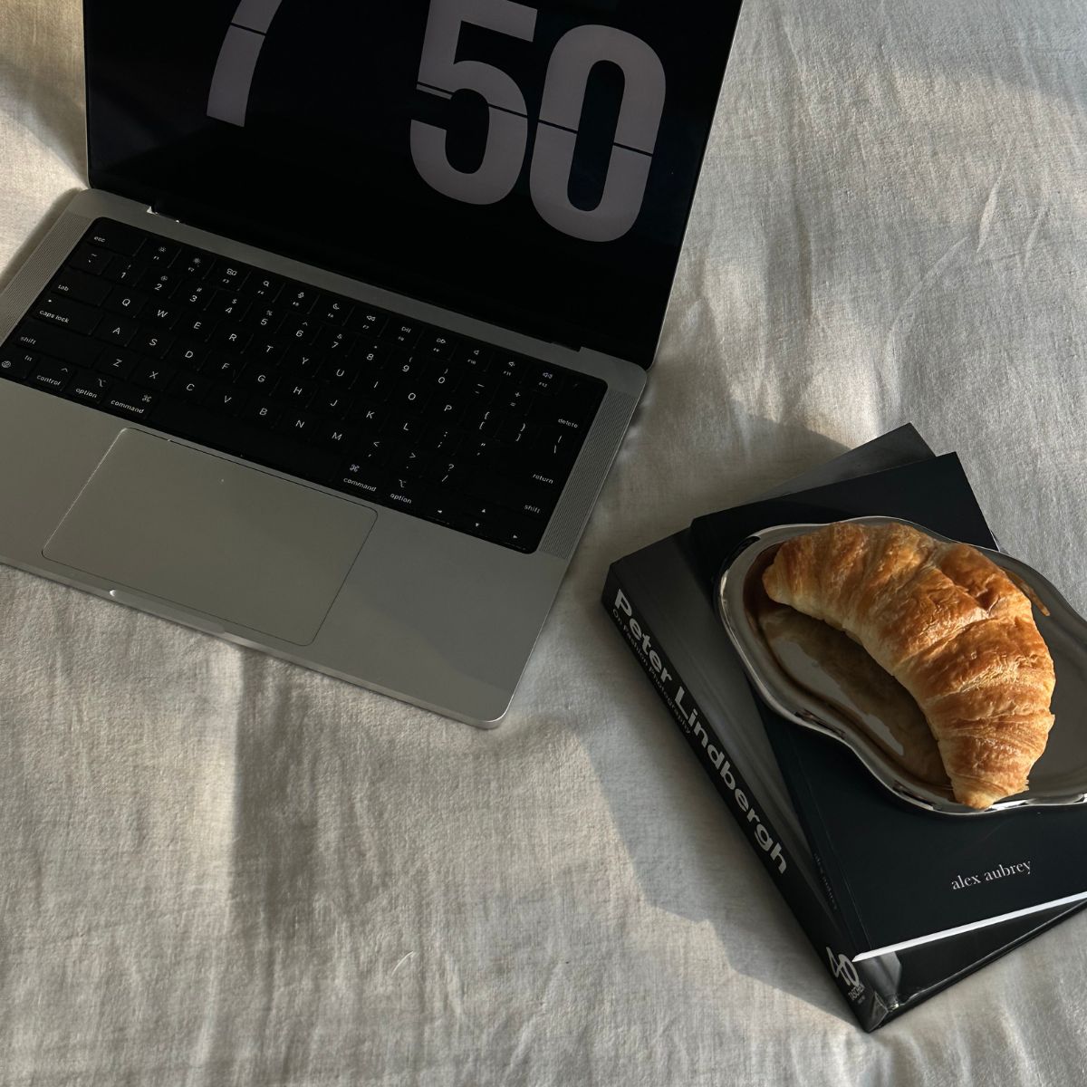 A autumnal winter scene; a laptop with the time; a woman resting.