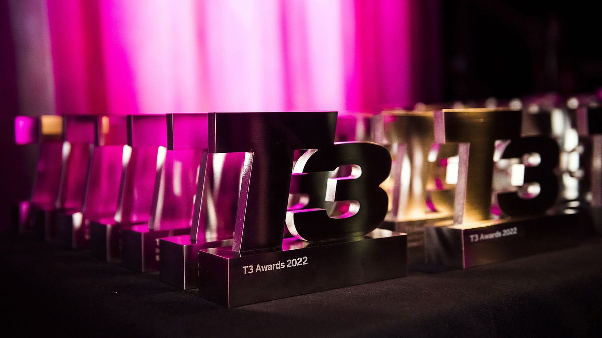 T3 Award trophies lined up on a table