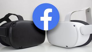 The Facebook logo between an Oculus Quest and a Meta Quest 2
