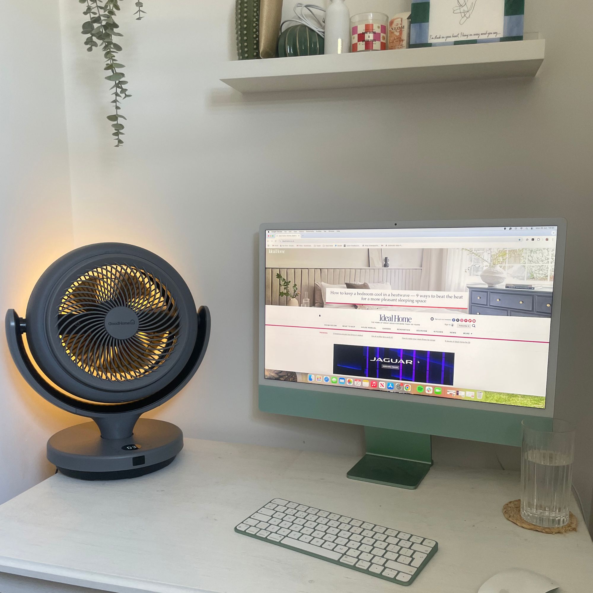 GoodHome 8 24W Remote Controlled Table Fan on a desk next to an iMac computer