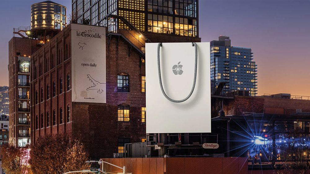 Apple Christmas advert, a billboard shaped like a giant Apple shopping bag