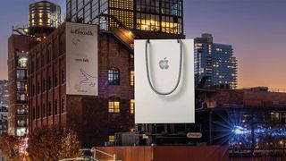 Apple Christmas advert, a billboard shaped like a giant Apple shopping bag