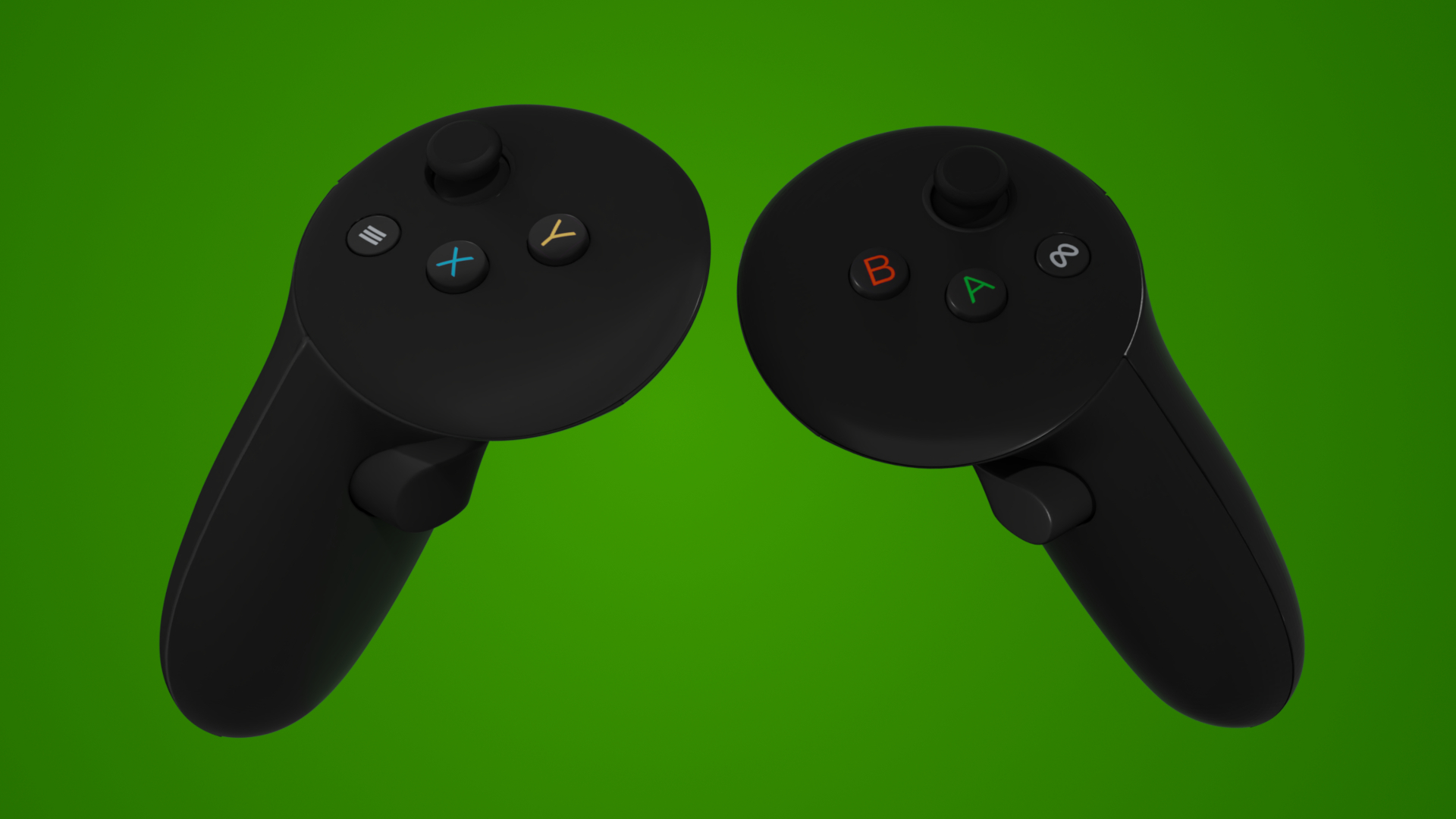 A 3D render of Meta's Touch Plus controllers showcasing an all-black design with Xbox-themed colored buttons.