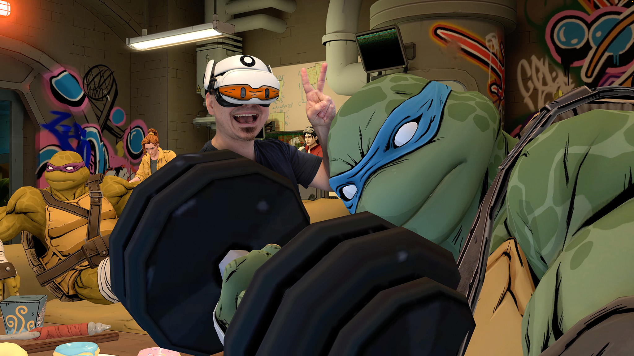 Me hanging out with the Ninja Turtles wearing a Meta Quest 3 headset