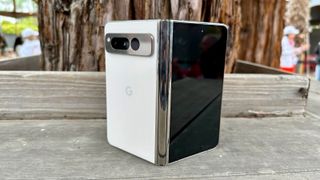 Backside view of the Google Pixel Fold sitting on a table