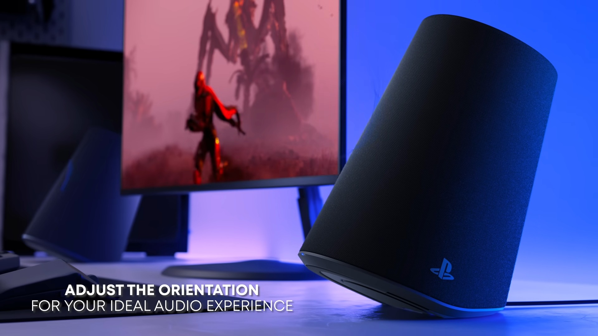A screenshot from the announcement trailer for the Sony Pulse Elevate Wireless Speakers showing an adaptive orientation for the speakers to angle them for your setup