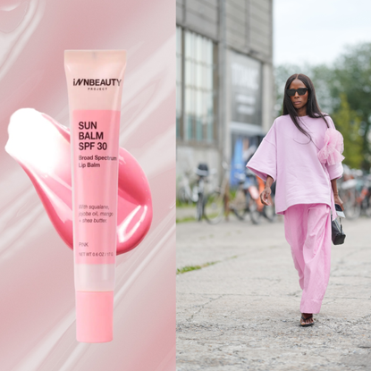 An SPF lip balm in front of a glossy pink background next to a woman wearing all pink.
