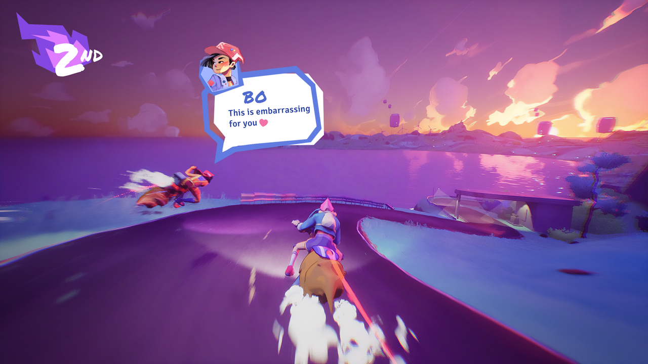 Electric Saint's Crescent County made in Unreal Engine 5; screens of a broomstick racing game