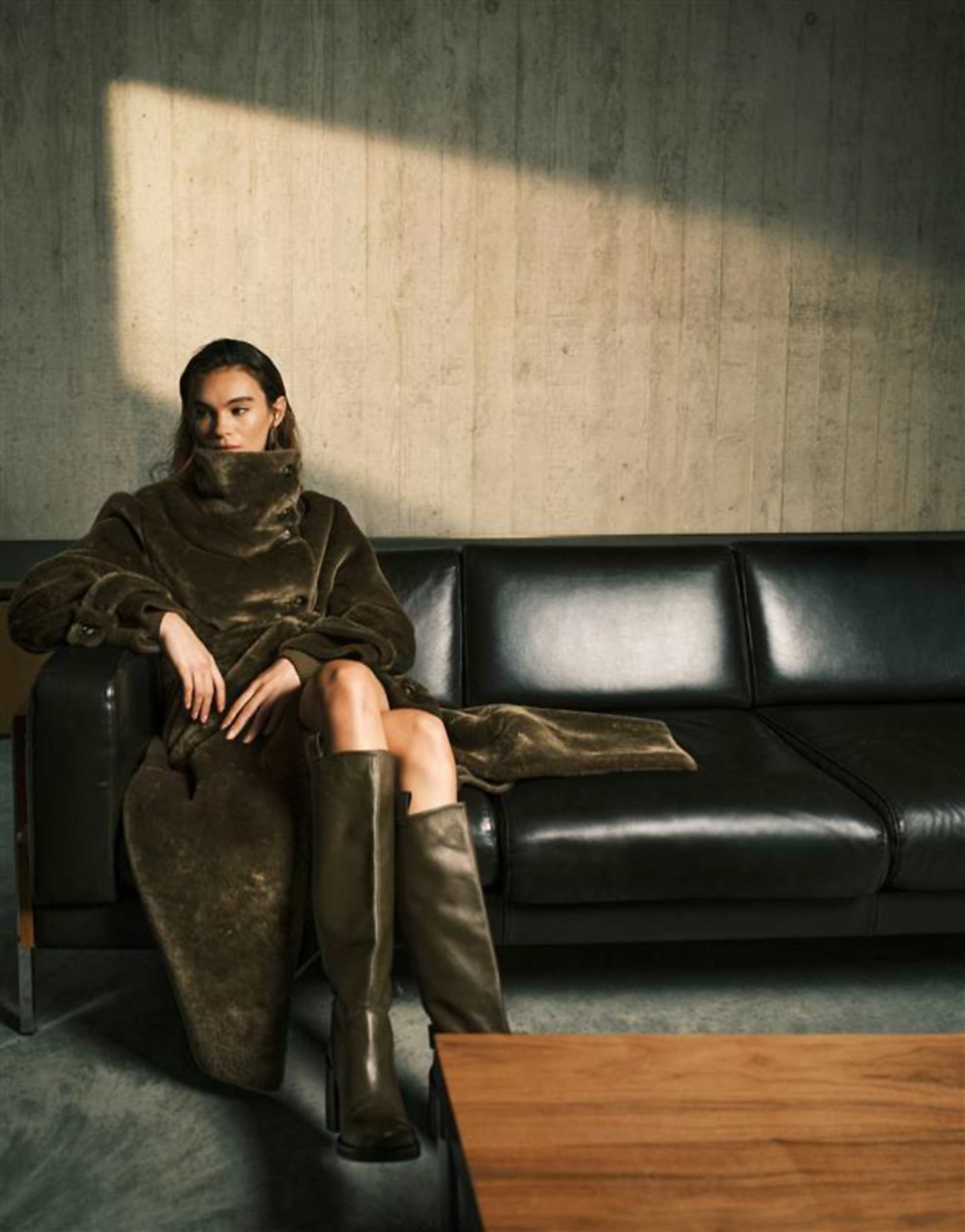 Asos Design Longline Cosy Borg Funnel Neck Coat in Khaki