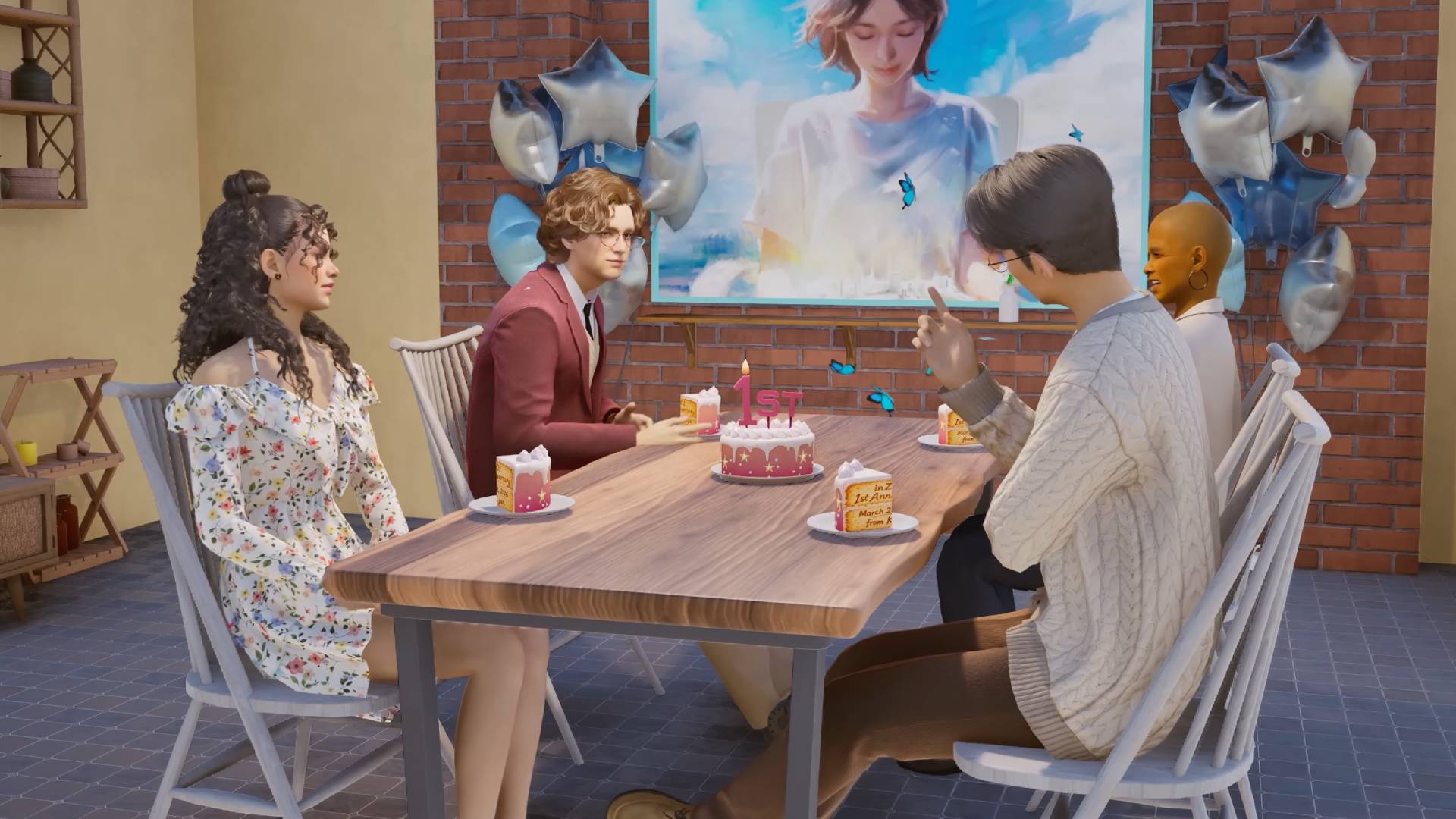 InZoi Zois sitting around a table eating 1st anniversary cake