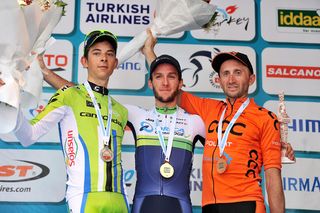 Davide Formolo, Adam Yates and Davide Rebellin on the podium after Stage 6 of the 2014 Tour of Turkey