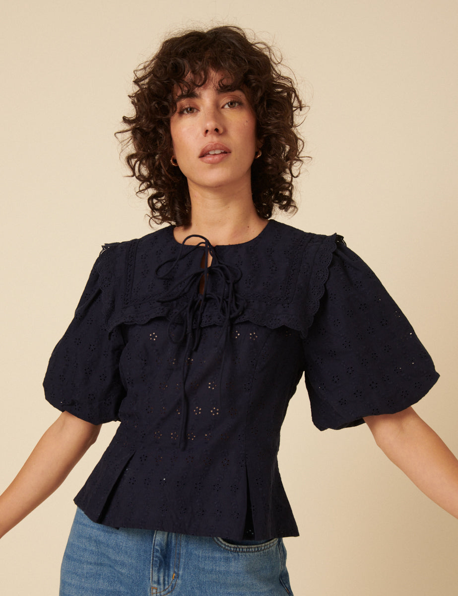 Navy Broderie Anglaise Collar Blouse