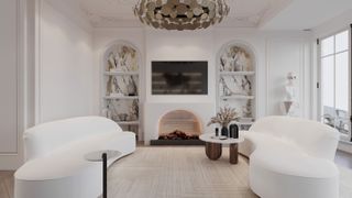 modern living room with arched fireplace