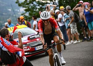 Team ArkeaSamsic teams French rider Warren Barguil C cycles in a lone breakaway leading the race during the 11th stage of the 109th edition of the Tour de France cycling race 1517 km between Albertville and Col du Granon Serre Chevalier in the French Alps on July 13 2022 Photo by AnneChristine POUJOULAT AFP Photo by ANNECHRISTINE POUJOULATAFP via Getty Images