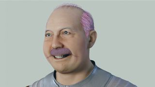 Old man starfield character with pink hair and mustache smiling