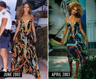 J.Lo (2002) & Beyonce (2003) in sheer, abstract-print, multicolor dress with big hair and gold hoops