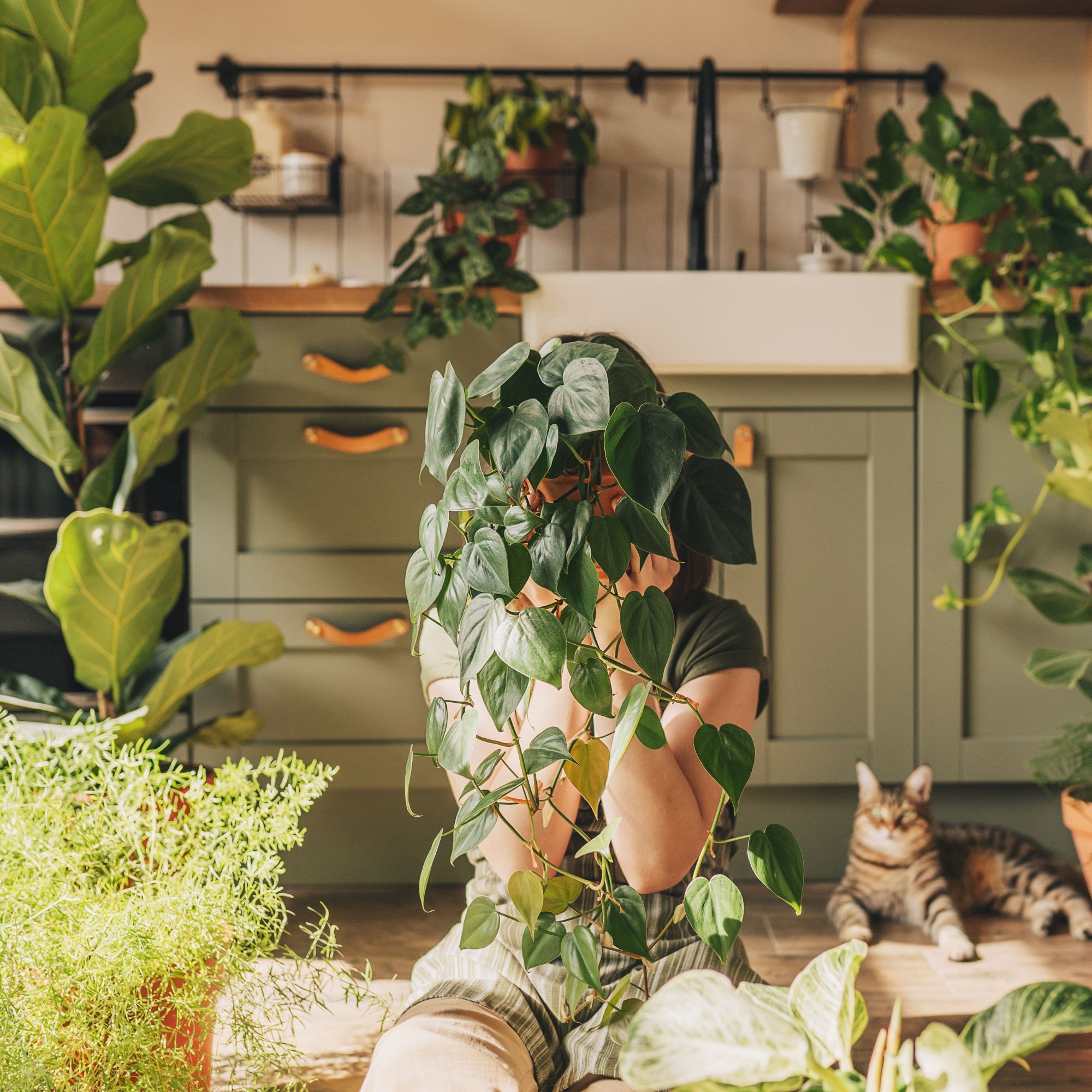 A girl is holding a copper pot with a fern