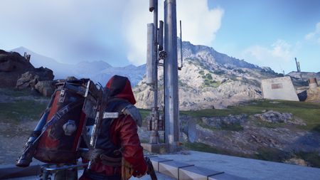 Arc Raiders Clamoring for Attention: A player looking at a pole in the mountains of Blue Gate.