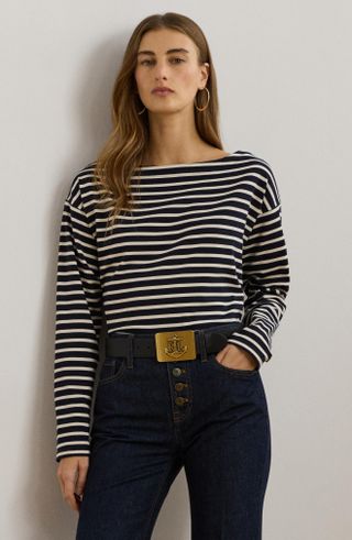 Lauren Ralph Lauren, Stripe Cotton Boat Neck Top