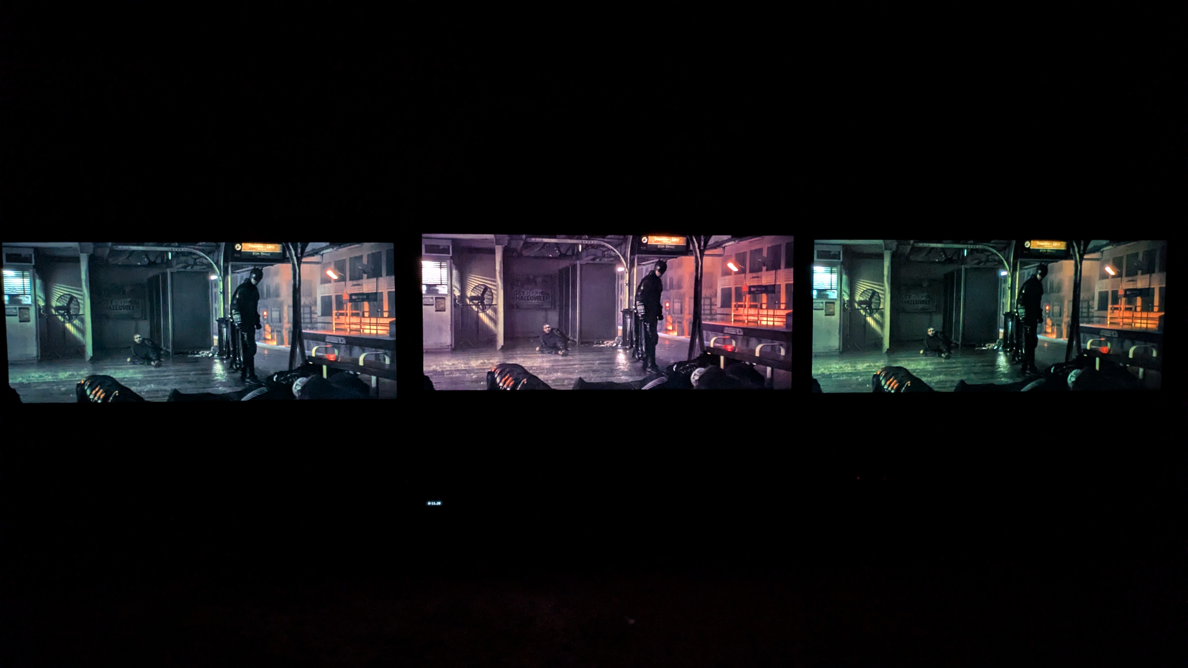 LG G5 (left) vs Samsung S95F (middle) vs LG C5 (right) showing Batman in a subway from The Batman on screen