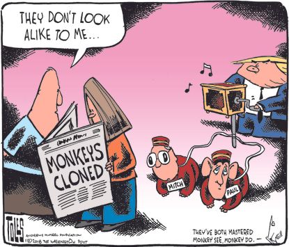 Political cartoon U.S. Trump Mitch McConnell Paul Ryan monkey clones