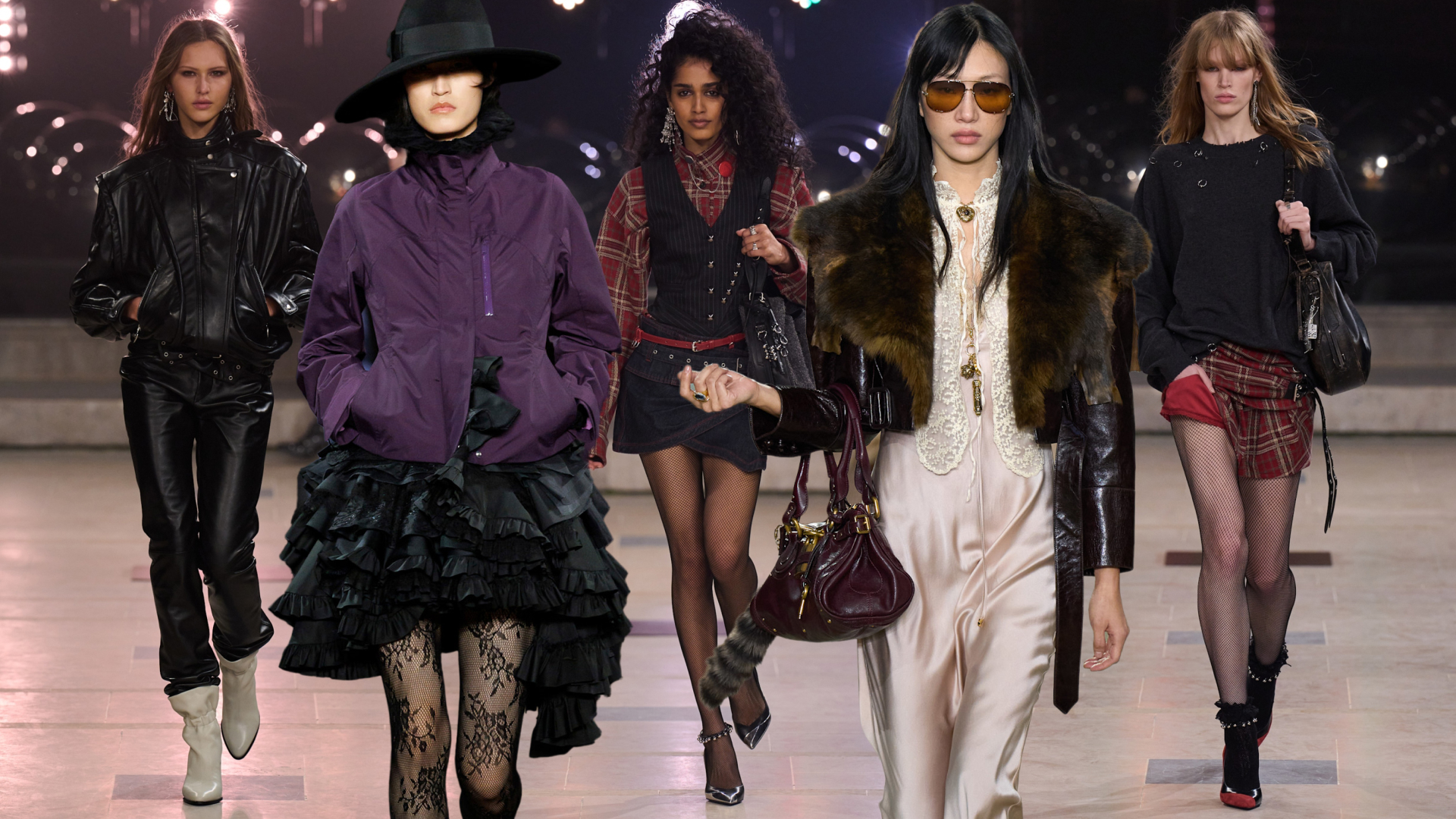 collage of indie sleaze trend on Fall 2025 runways