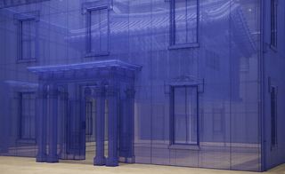 Image of a life-size house made from translucent fabric in blue