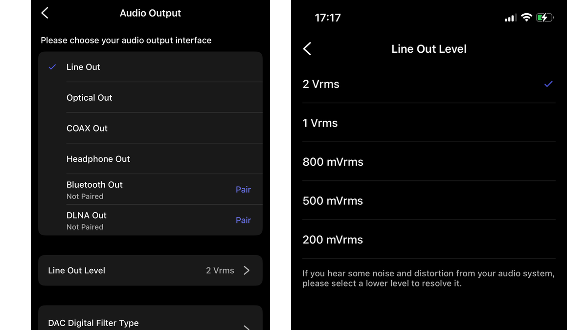 Screenshots of line out level settings in WiiM Home app