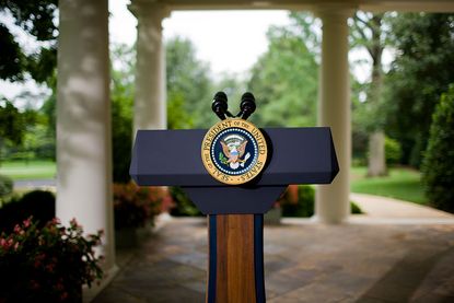 The presidential podium outside the Oval Office at the White House in Washington, DC. (Photo by Brooks Kraft LLC/Corbis via Getty Images)
