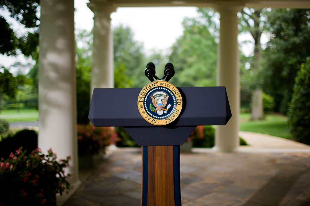 The presidential podium outside the Oval Office at the White House in Washington, DC. (Photo by Brooks Kraft LLC/Corbis via Getty Images)