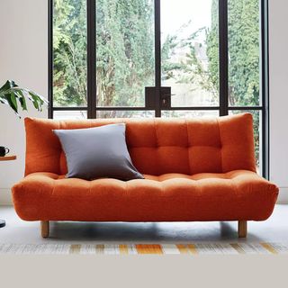 Habitat Kota sofa bed in orange upholstery in front of a Crittal doorway - tried and tested review