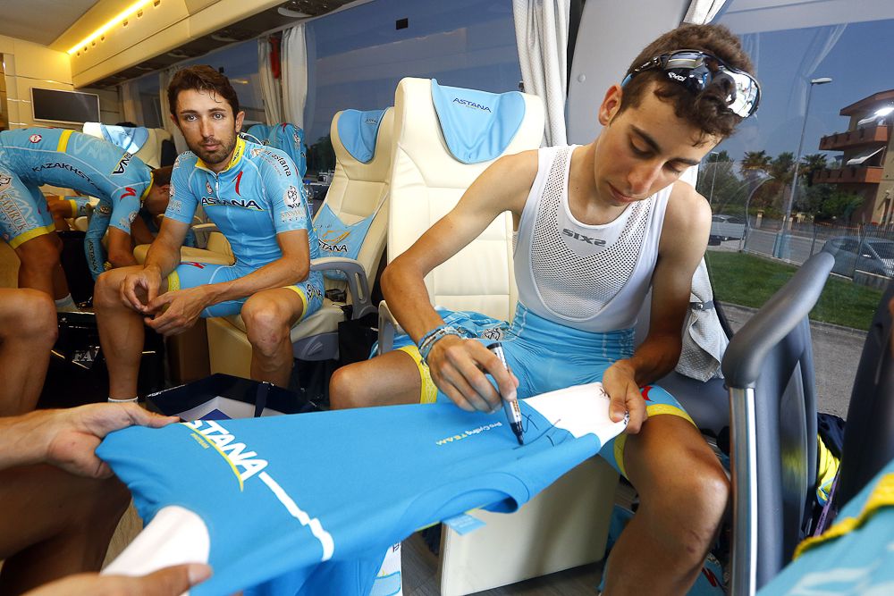 Fabio Aru (Astana) signs autographs during a day of rest of the 98th Giro d'Italia.