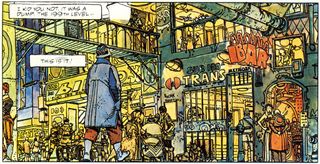 A panel from The Long Tomorrow, written by Dan O'Bannon with art by Jean 'Moebius' Giraud. The English edition is out of print, but the French edition, published by Humanoids, is on Kindle. 