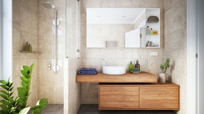 bathroom with wooden panels and plants